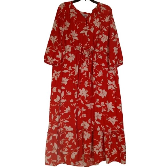 Croft And Barrow Red with White Lily Print Maxi Ruffle Hem Dress 1X - Picture 2 of 5